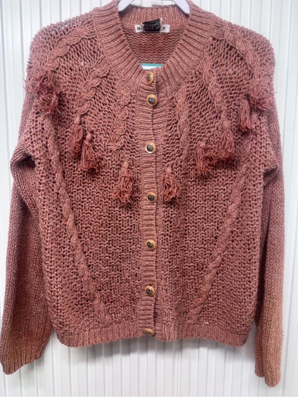 Erika hand knit cardigan Rust Pink Tassel Cable-Knit Button-Up Sweater size M/L